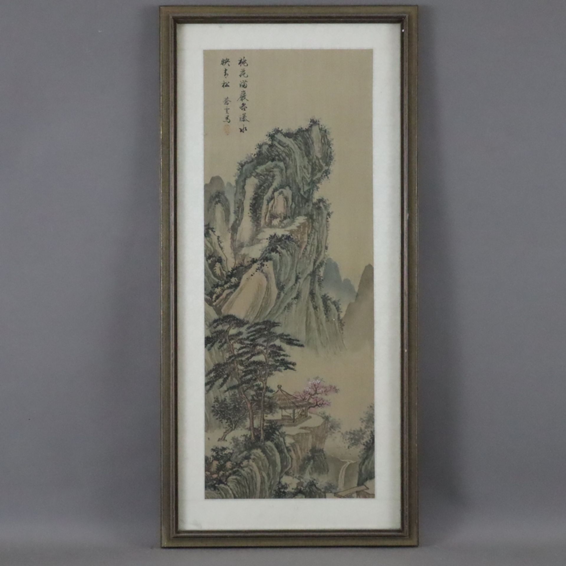 Chinesisches Rollbild - Gebirgslandschaft mit Aussichtspavillon, Tusche und leichte Farben auf Seid - Bild 7 aus 7