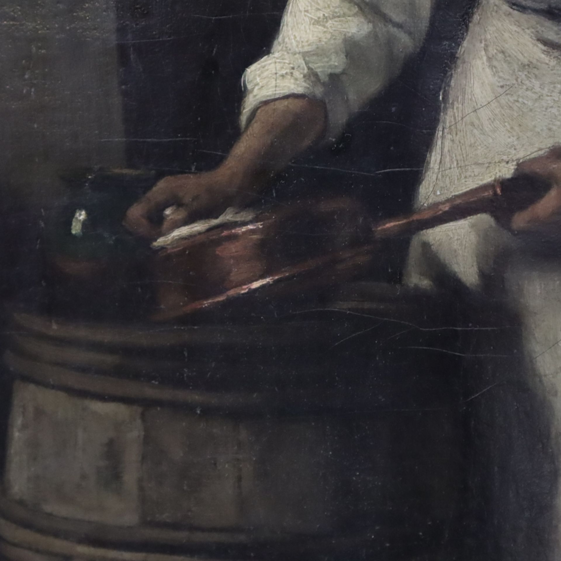 Unbekannter Genremaler (Ende19.Jh./um 1900) - Küchenmagd beim Putzen eines Kupferkessels, Öl auf Le - Image 5 of 13