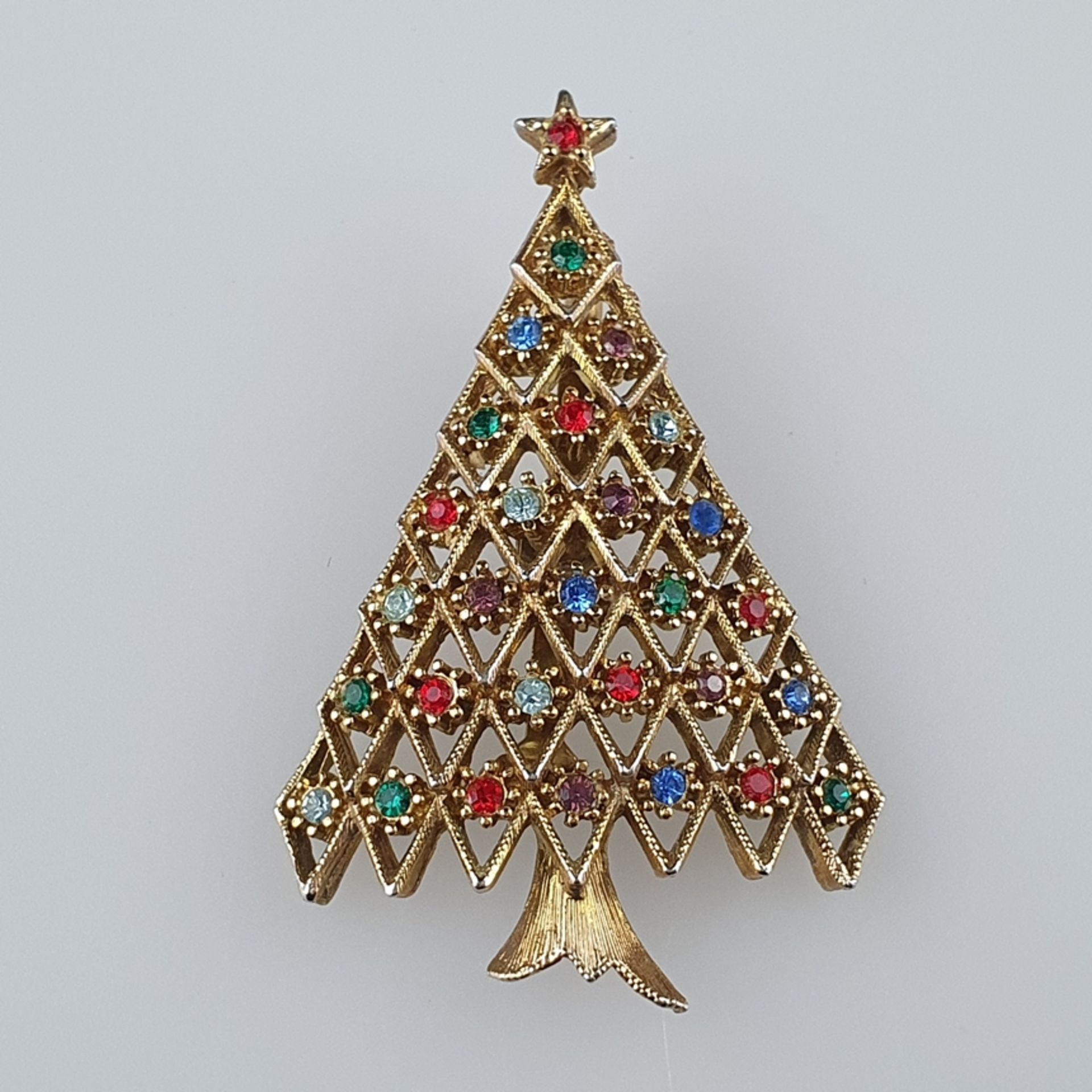 Vintage-"Christmas"-Brosche - Jonette Jewelry/USA, Weihnachtsbaum, goldfarbenes Metall, Besatz mit 