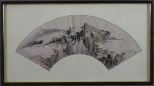 Chinesisches Fächerbild - Flusslandschaft mit Pavillon, Fächerblatt, Tusche auf Papier, gesiegelt, 