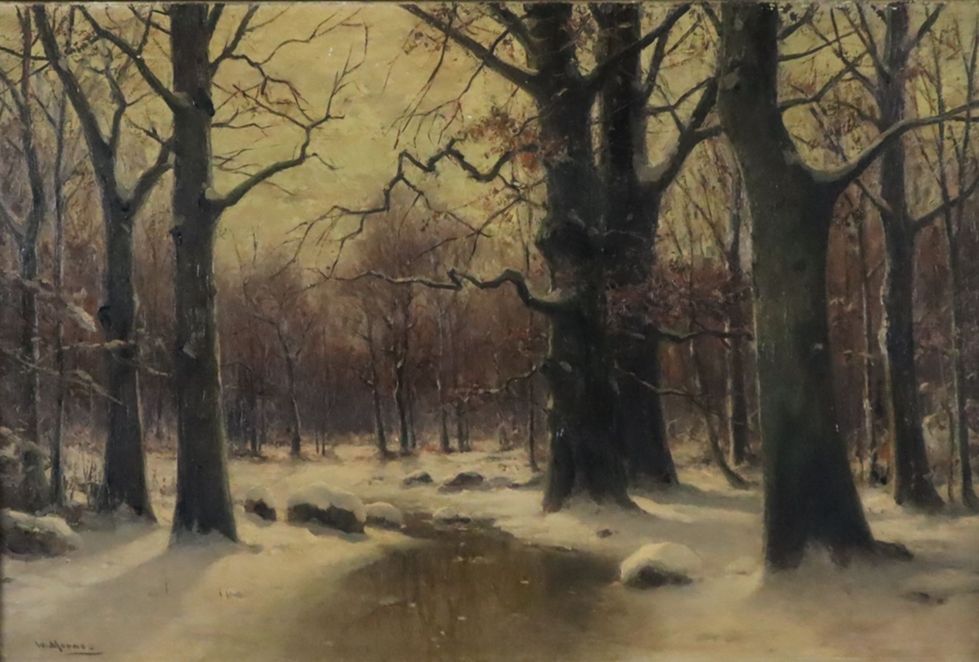Moras, Walter (1856-1925) - Winterwald, Öl auf Leinwand, unten signiert "W.Moras", ca.96x136cm, Rah