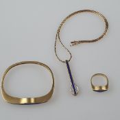 Modernes Gold-Schmuckset mit Lapislazuli und Diamanten - Gelbgold 585/000 (Anhänger, Armspange, Rin