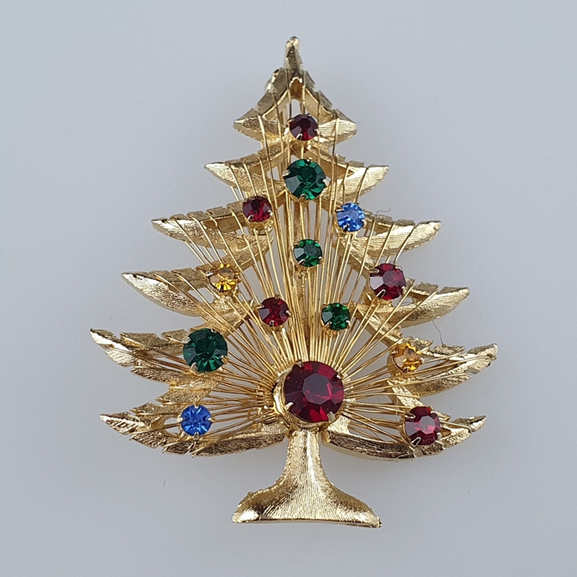 Vintage-"Christmas"-Brosche - BROOKS/USA, Weihnachtsbaum, goldfarbenes Metall, Besatz mit facettier