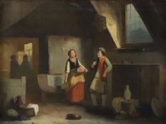 Genremaler 19.Jh. - Plauderei in der Spülküche einer Wirtsstube, Öl auf Leinwand, links unten schwe