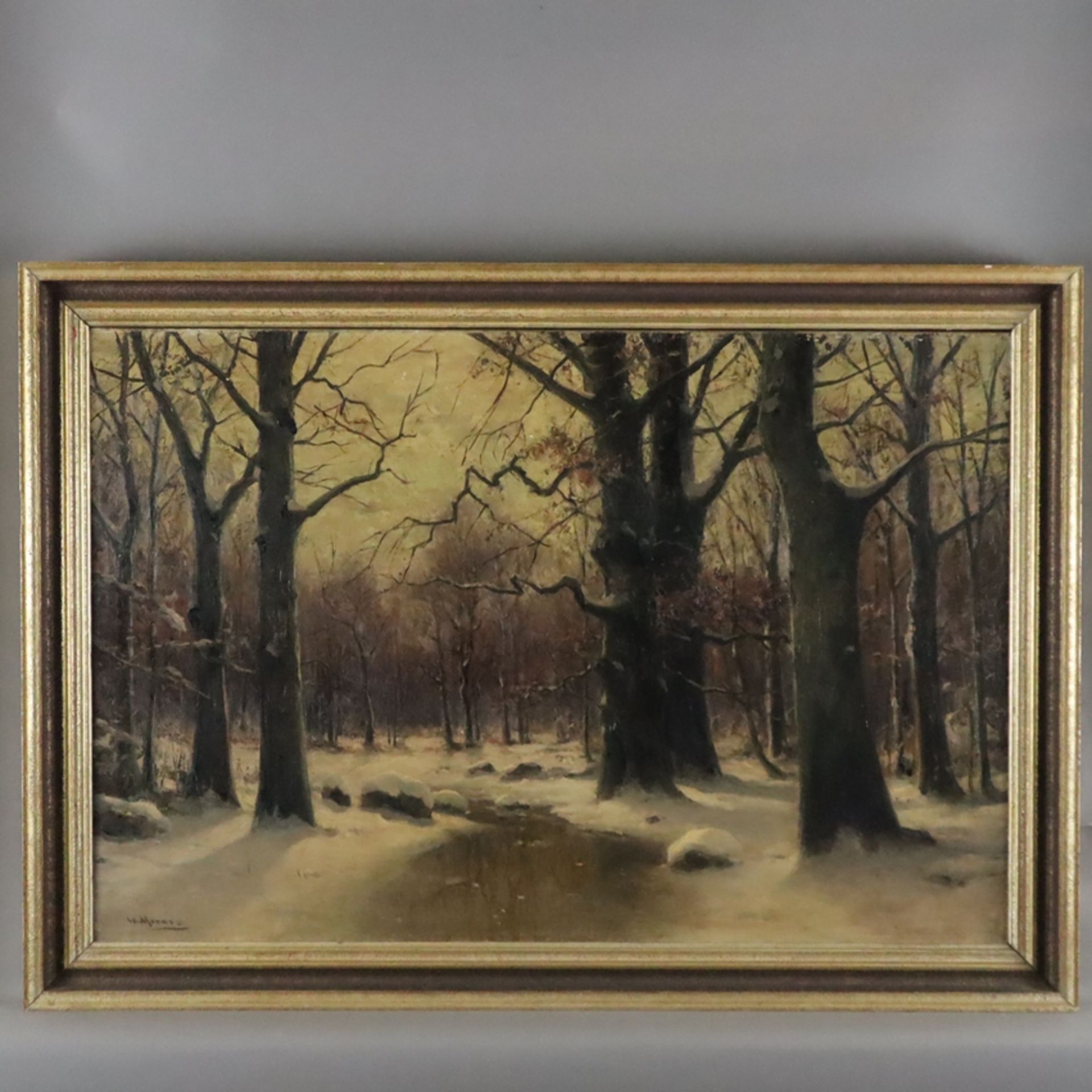 Moras, Walter (1856-1925) - Winterwald, Öl auf Leinwand, unten signiert "W.Moras", ca.96x136cm, Rah - Bild 10 aus 10