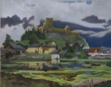 Stecher (20.Jh.) - Blick auf die Burg Laudegg bei Ladis (Tirol), 1959, Kreidezeichnung auf Papier, 