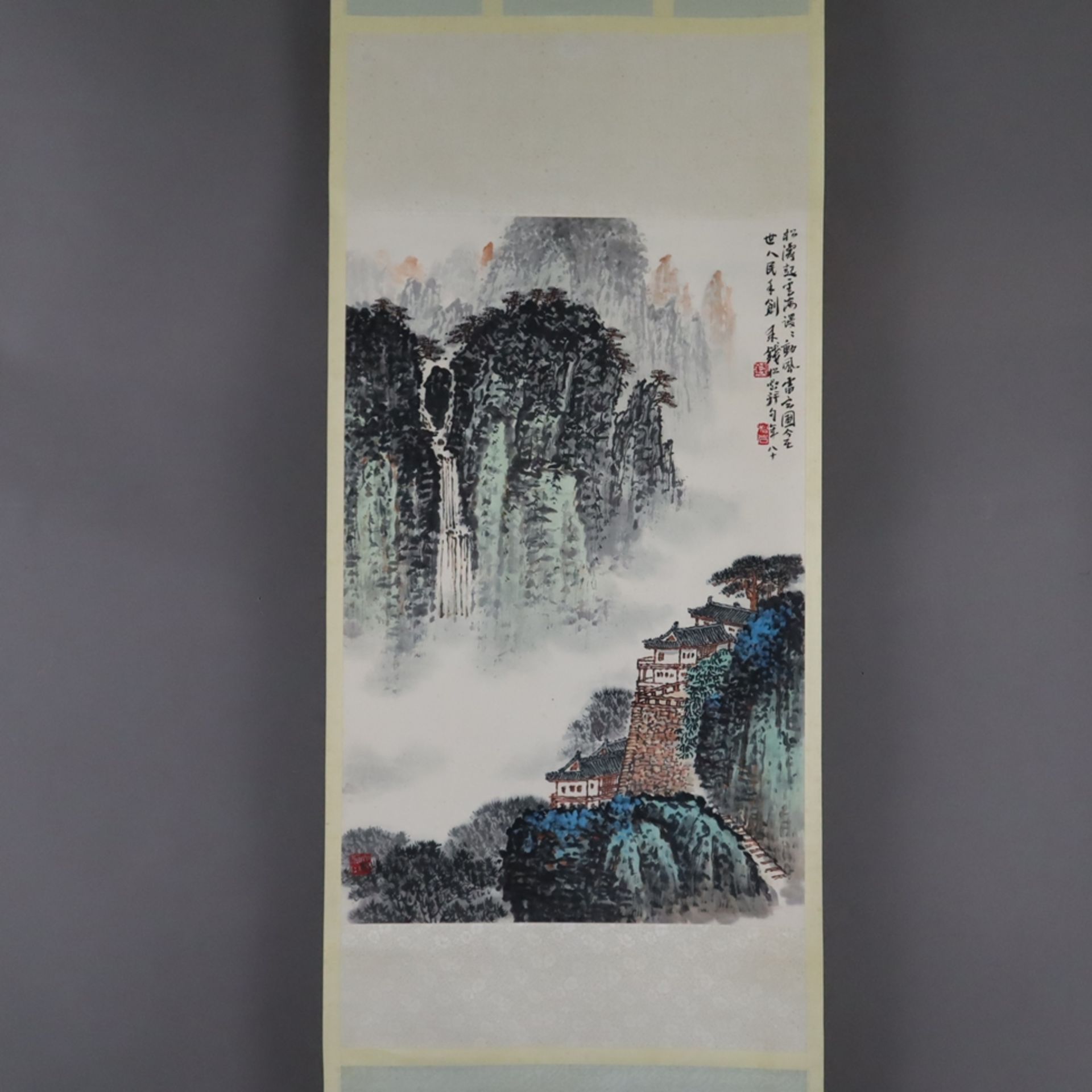 Chinesisches Rollbild - Wasserfall, Tusche und Farben auf Papier, beschriftet, gesiegelt Qian Songy