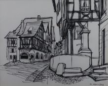 Kornhaus, Werner (1910-1992) - Altstadtansicht mit Brunnen, Mischtechnik auf Papier, unten rechts s