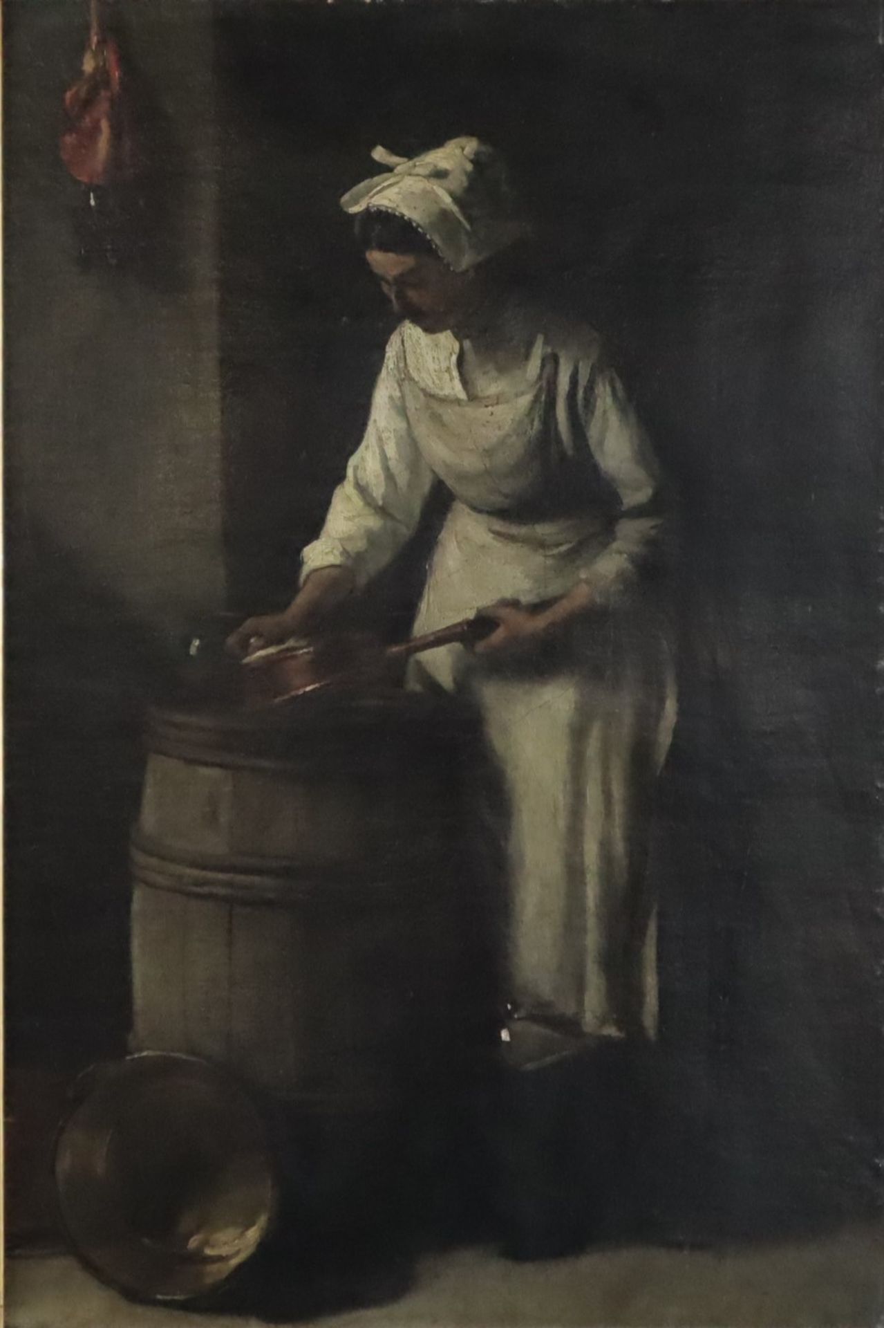 Unbekannter Genremaler (Ende19.Jh./um 1900) - Küchenmagd beim Putzen eines Kupferkessels, Öl auf Le