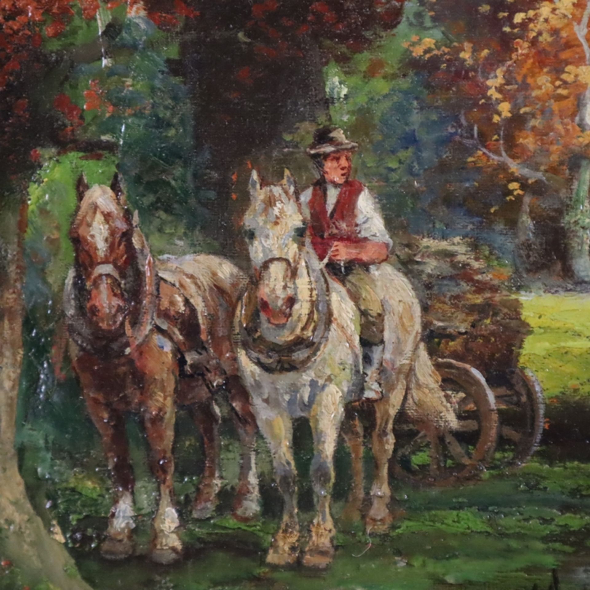 Ulmbach, W. -frühes 20.Jh.- Holzarbeiter mit Pferdegespann in farbenprächtiger herbstlicher Waldlan - Bild 3 aus 11