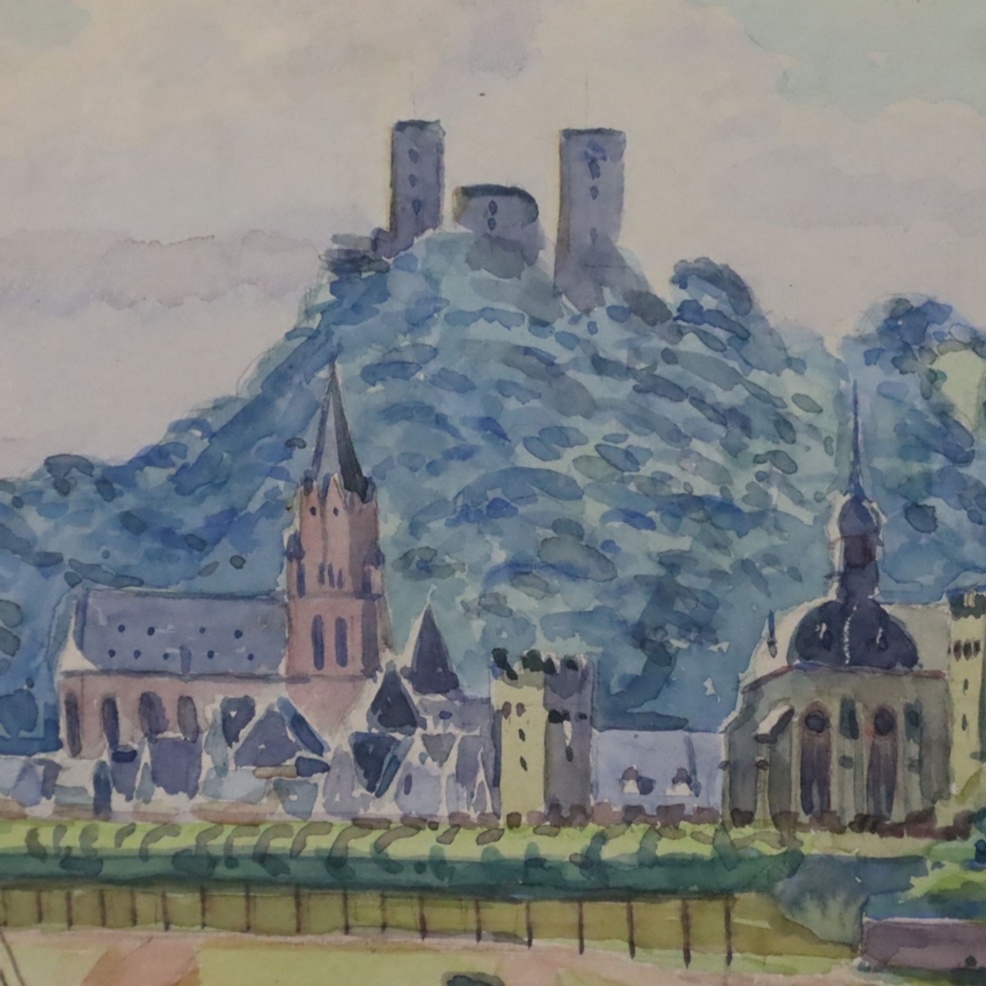 Gansen, Theo (1887 Lebach - 1956 Bonn) - Blick auf den Ochsenturm in Oberwesel am Rhein, Aquarell a - Image 6 of 7