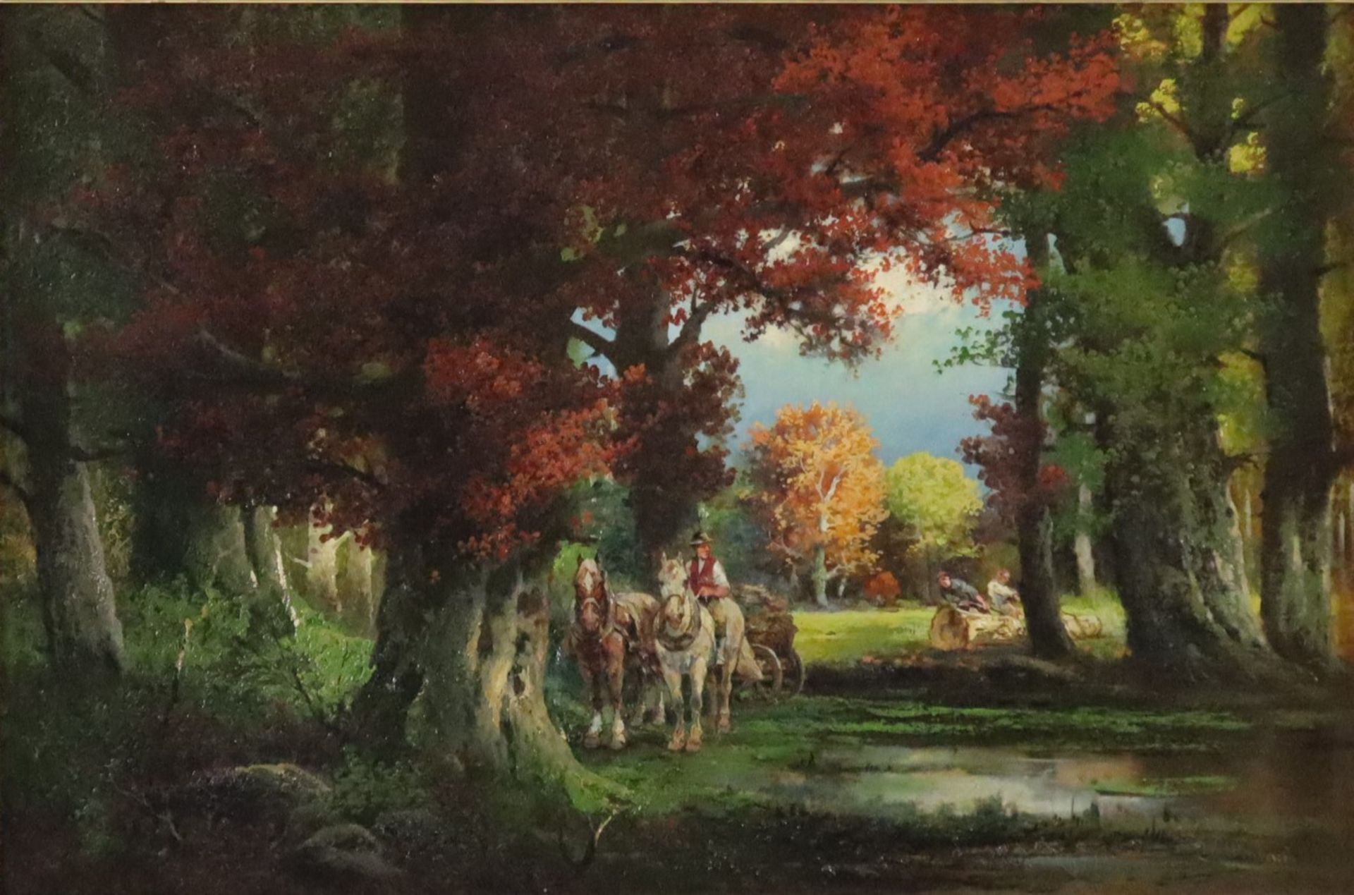 Ulmbach, W. -frühes 20.Jh.- Holzarbeiter mit Pferdegespann in farbenprächtiger herbstlicher Waldlan