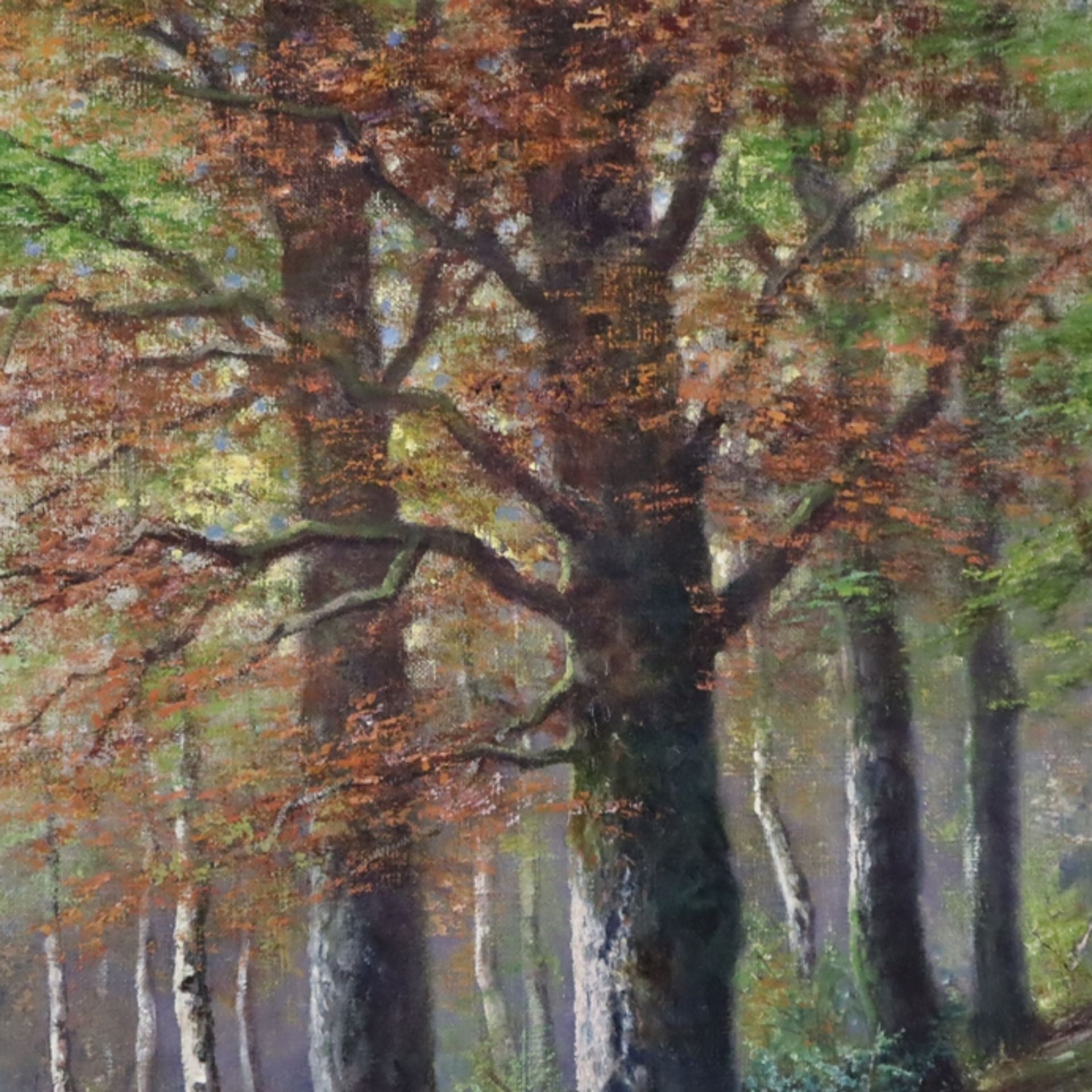 Unbekannt -20.Jh.- Herbstlicher Birkenwald mit Bäuerinnen auf dem Heimweg, Öl auf Leinwand, unten l - Image 7 of 12