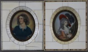 Zwei Elfenbeinminiaturen -  feine Temperamalerei auf Elfenbein, jeweils ovales Porträt, 1x Lola Mon