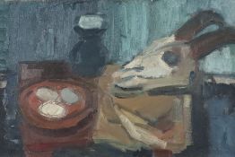 Unbekannte/r Expressionist/in -um 1940/50- Tischstillleben mit Tierschädel und Vase, Öl auf Rupfen,