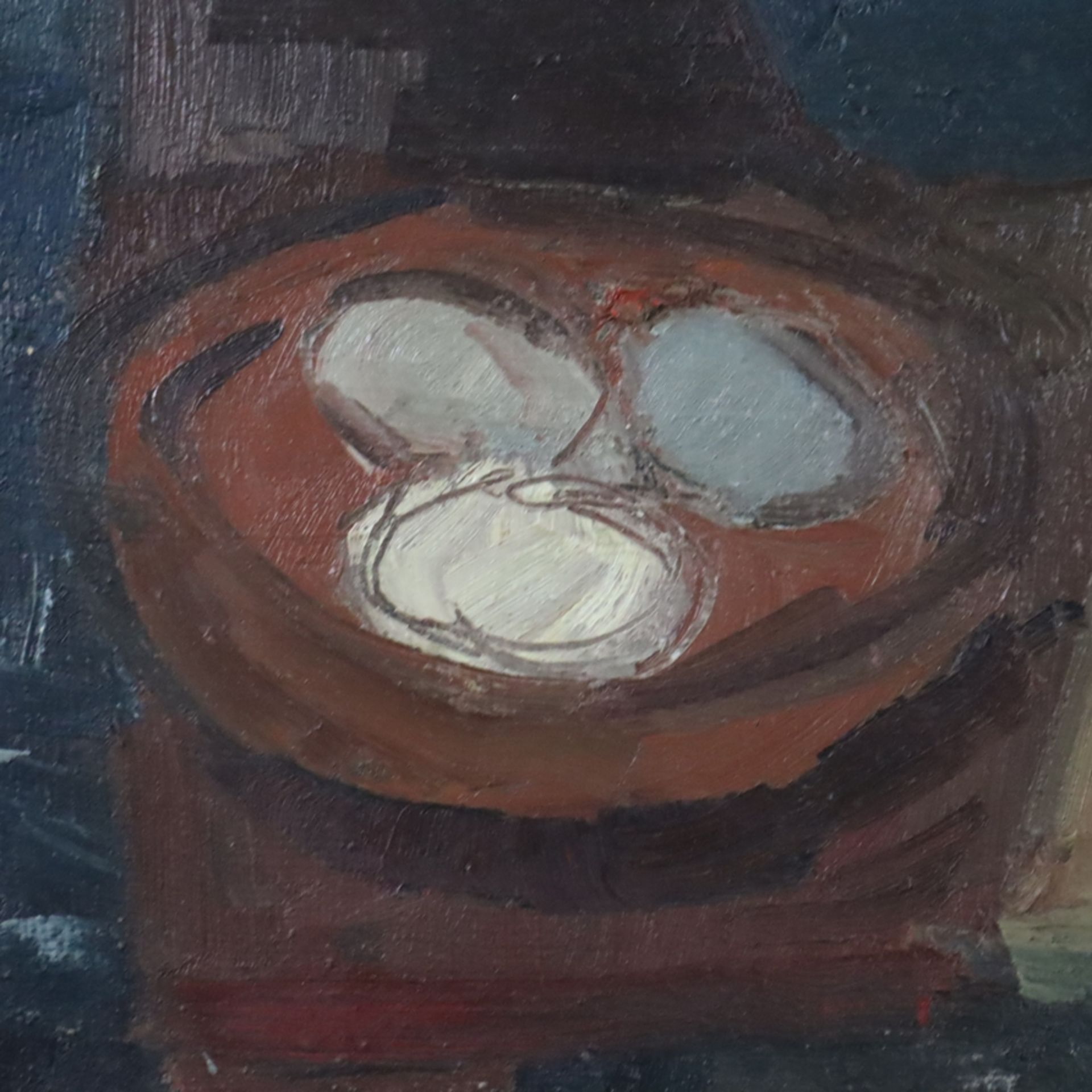 Unbekannte/r Expressionist/in -um 1940/50- Tischstillleben mit Tierschädel und Vase, Öl auf Rupfen, - Image 3 of 7