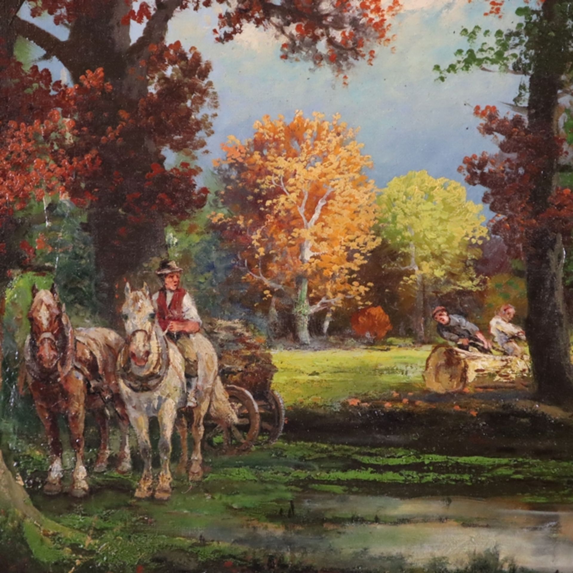 Ulmbach, W. -frühes 20.Jh.- Holzarbeiter mit Pferdegespann in farbenprächtiger herbstlicher Waldlan - Bild 5 aus 11