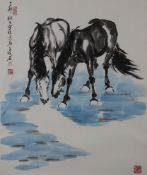 Yin, Shoushin (1919 - 1998) - Pferdepaar am Wasser, Tusche und leichte Farben auf Papier, signiert 