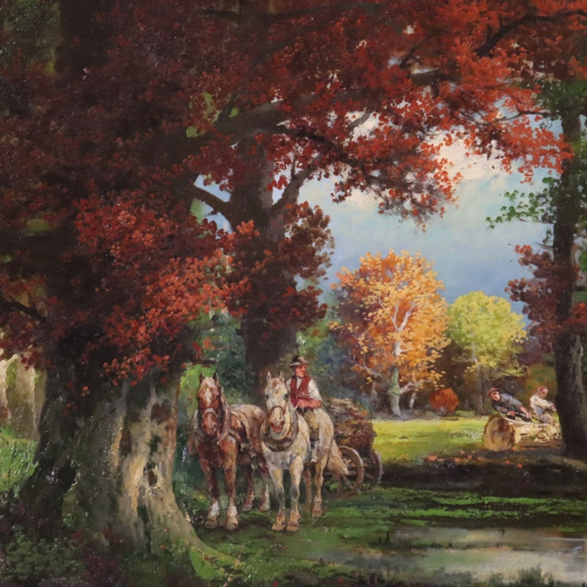 Ulmbach, W. -frühes 20.Jh.- Holzarbeiter mit Pferdegespann in farbenprächtiger herbstlicher Waldlan - Bild 2 aus 11