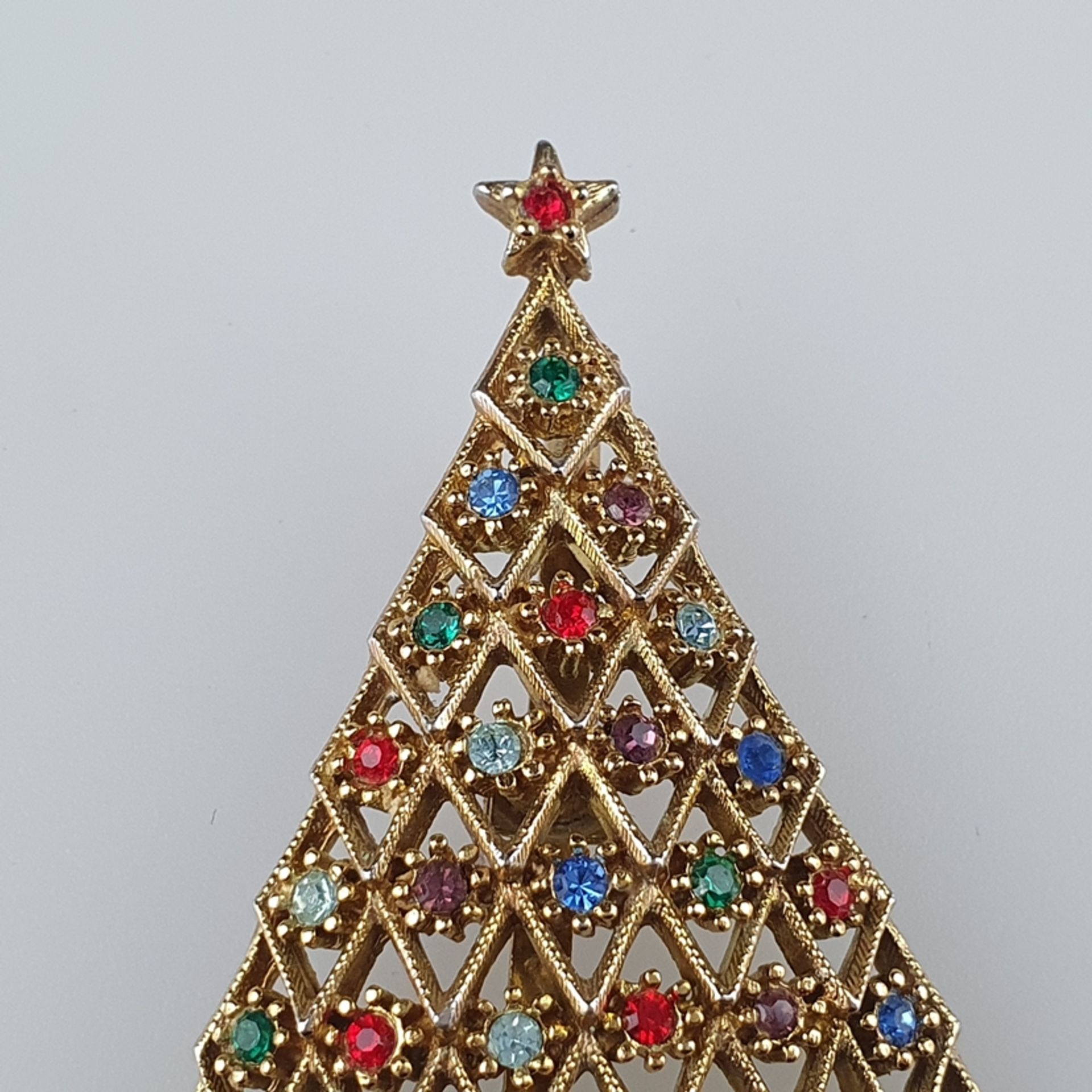 Vintage-"Christmas"-Brosche - Jonette Jewelry/USA, Weihnachtsbaum, goldfarbenes Metall, Besatz mit  - Bild 3 aus 5
