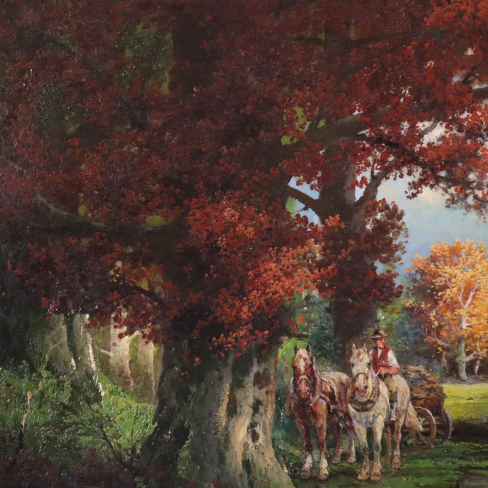 Ulmbach, W. -frühes 20.Jh.- Holzarbeiter mit Pferdegespann in farbenprächtiger herbstlicher Waldlan - Bild 6 aus 11