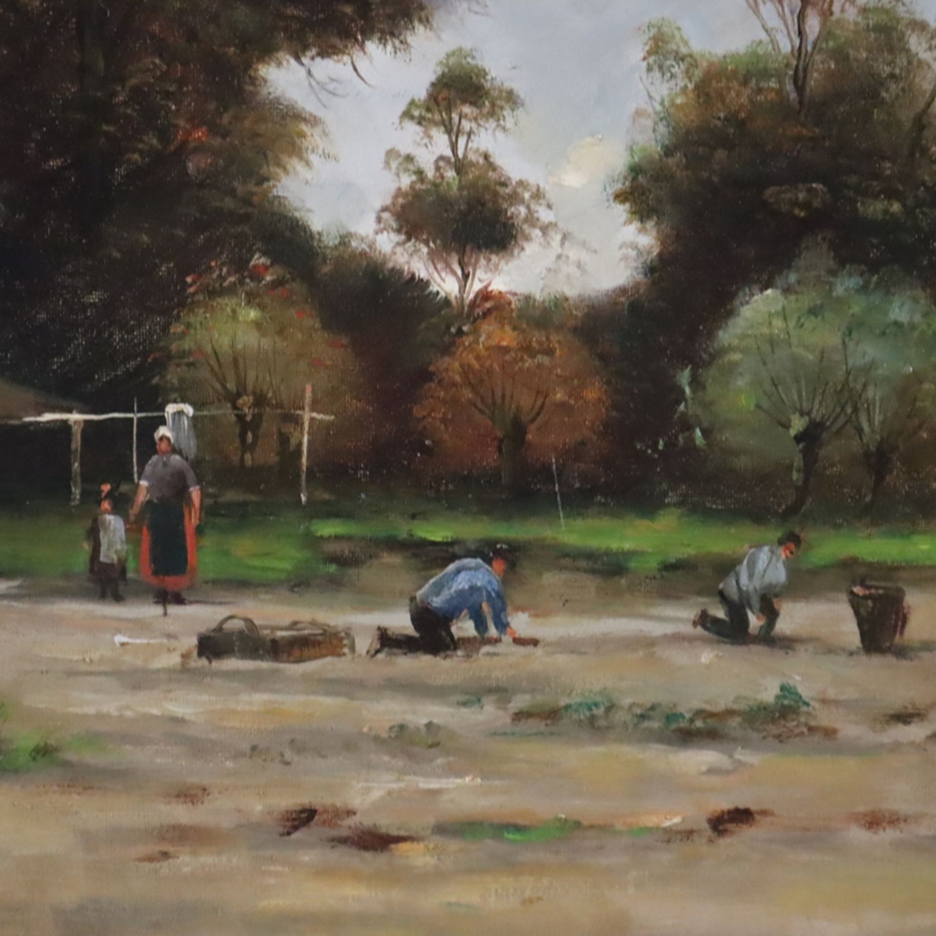 Unidentifizierter Künstler 20.Jh. - Gehöft mit Bauernfamilie bei der Kartoffelernte, Öl auf Leinwan - Image 3 of 11