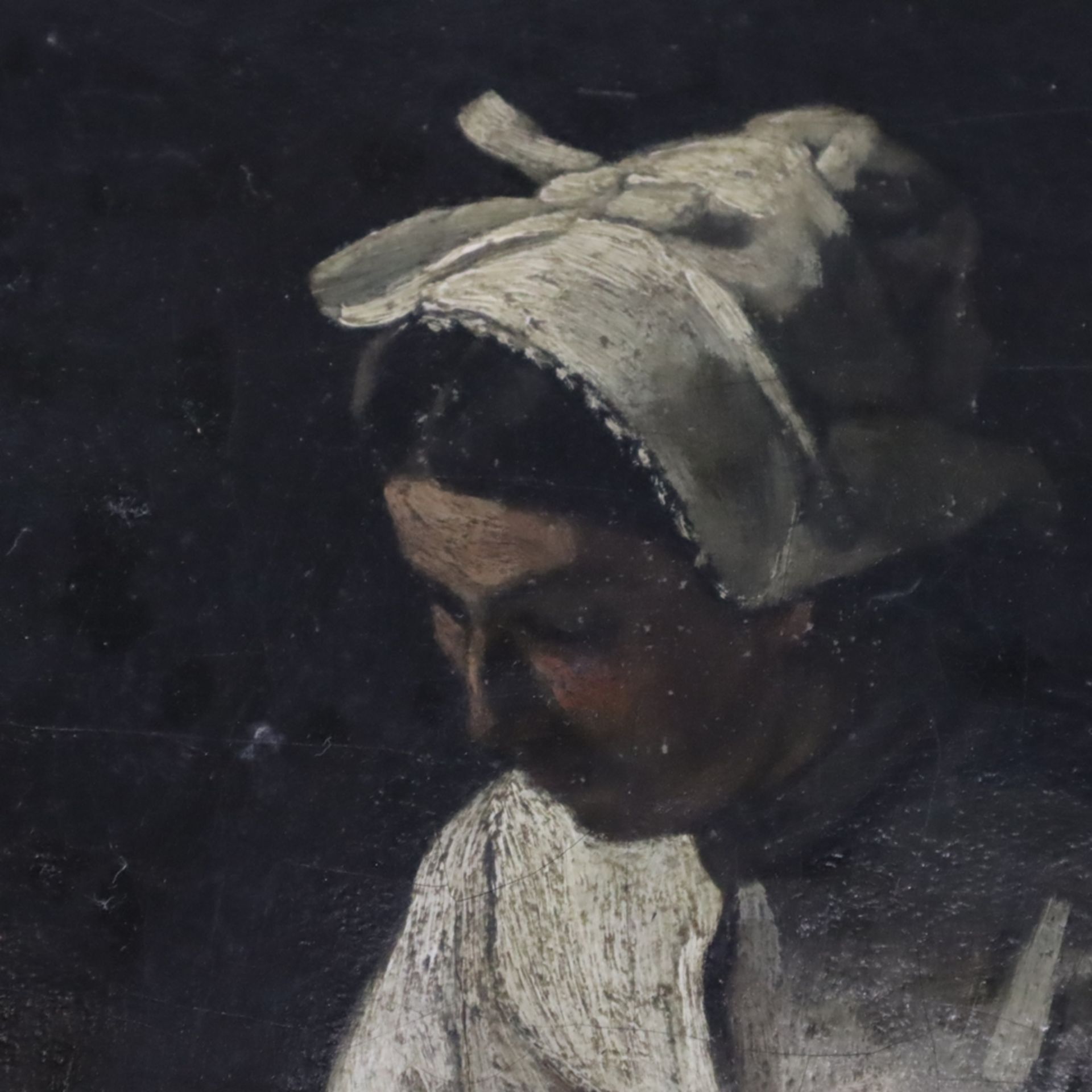 Unbekannter Genremaler (Ende19.Jh./um 1900) - Küchenmagd beim Putzen eines Kupferkessels, Öl auf Le - Image 4 of 13