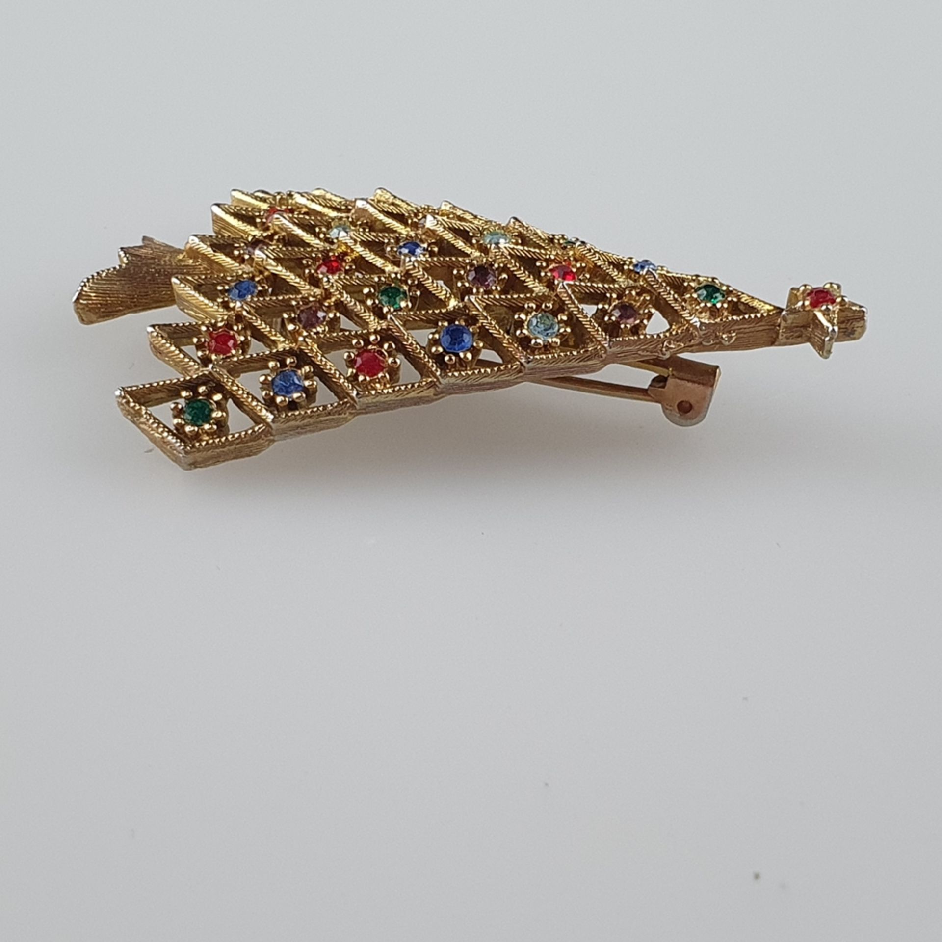 Vintage-"Christmas"-Brosche - Jonette Jewelry/USA, Weihnachtsbaum, goldfarbenes Metall, Besatz mit  - Bild 4 aus 5