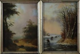 Anonym (um 1900) - Zwei dekorative Jahreszeiten-Pendants: Sommerliche & Winterliche Landschaft, Öl 