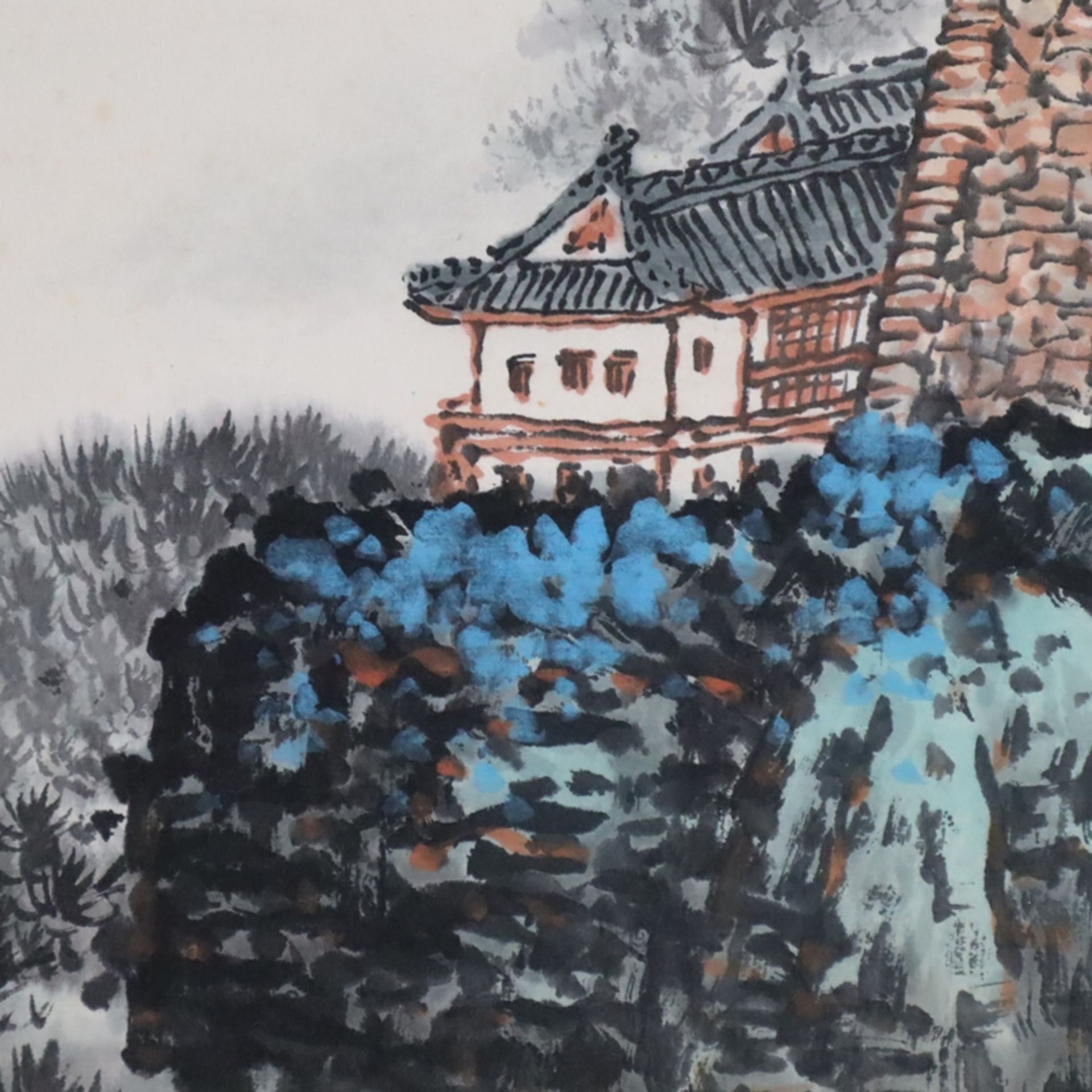Chinesisches Rollbild - Wasserfall, Tusche und Farben auf Papier, beschriftet, gesiegelt Qian Songy - Bild 4 aus 12