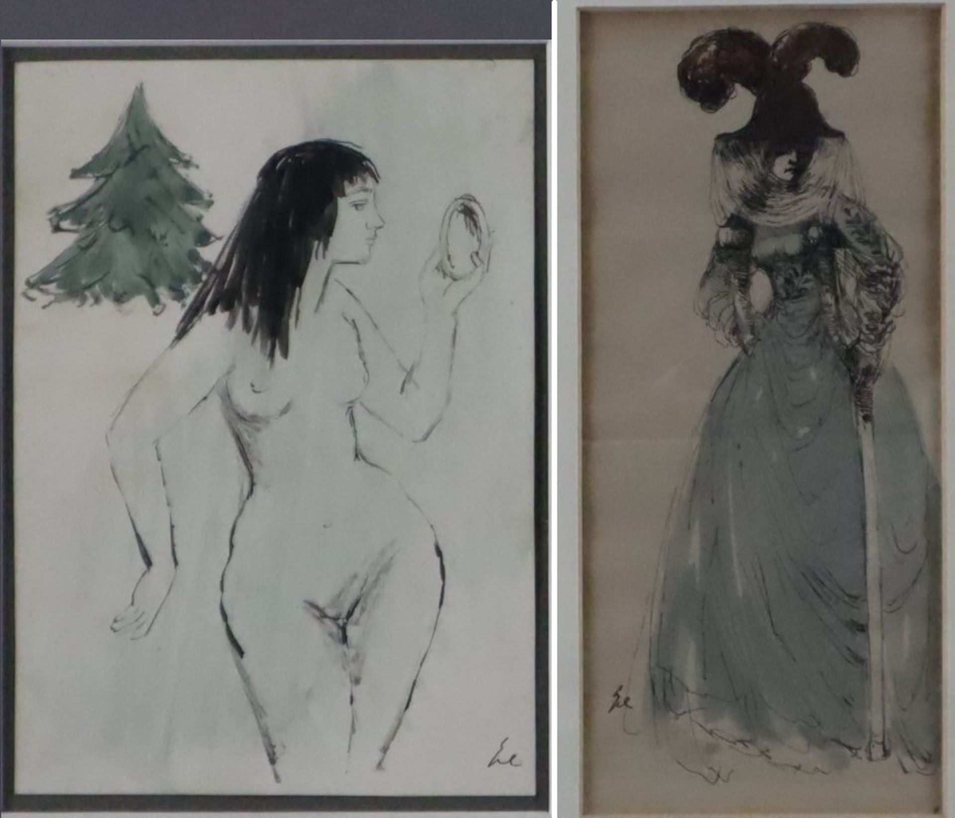 Nagel, Hanna (1907 Heidelberg - 1975 ebd.) - Zwei kolorierte Federzeichnungen, 1x Frauenakt mit Han