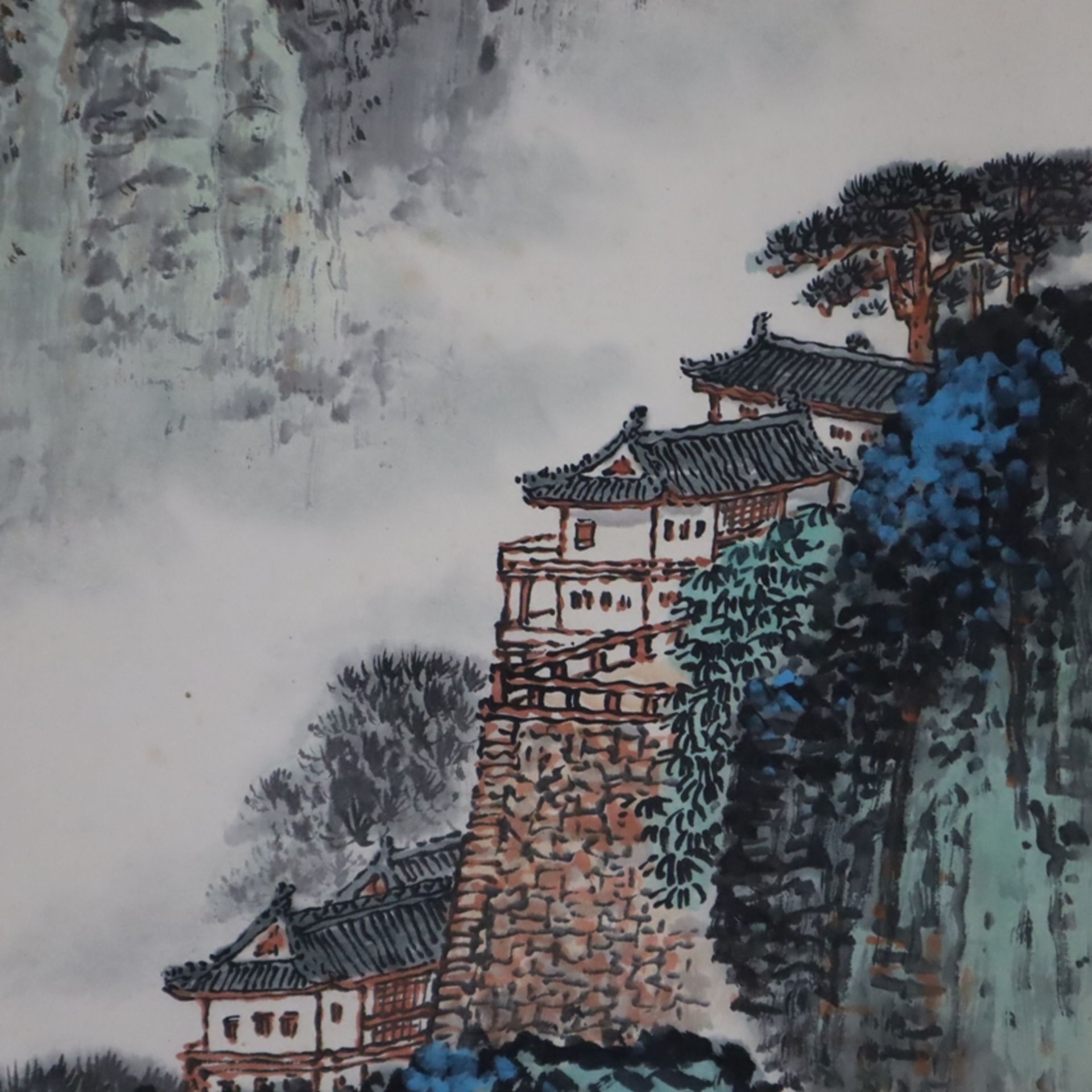 Chinesisches Rollbild - Wasserfall, Tusche und Farben auf Papier, beschriftet, gesiegelt Qian Songy - Bild 3 aus 12