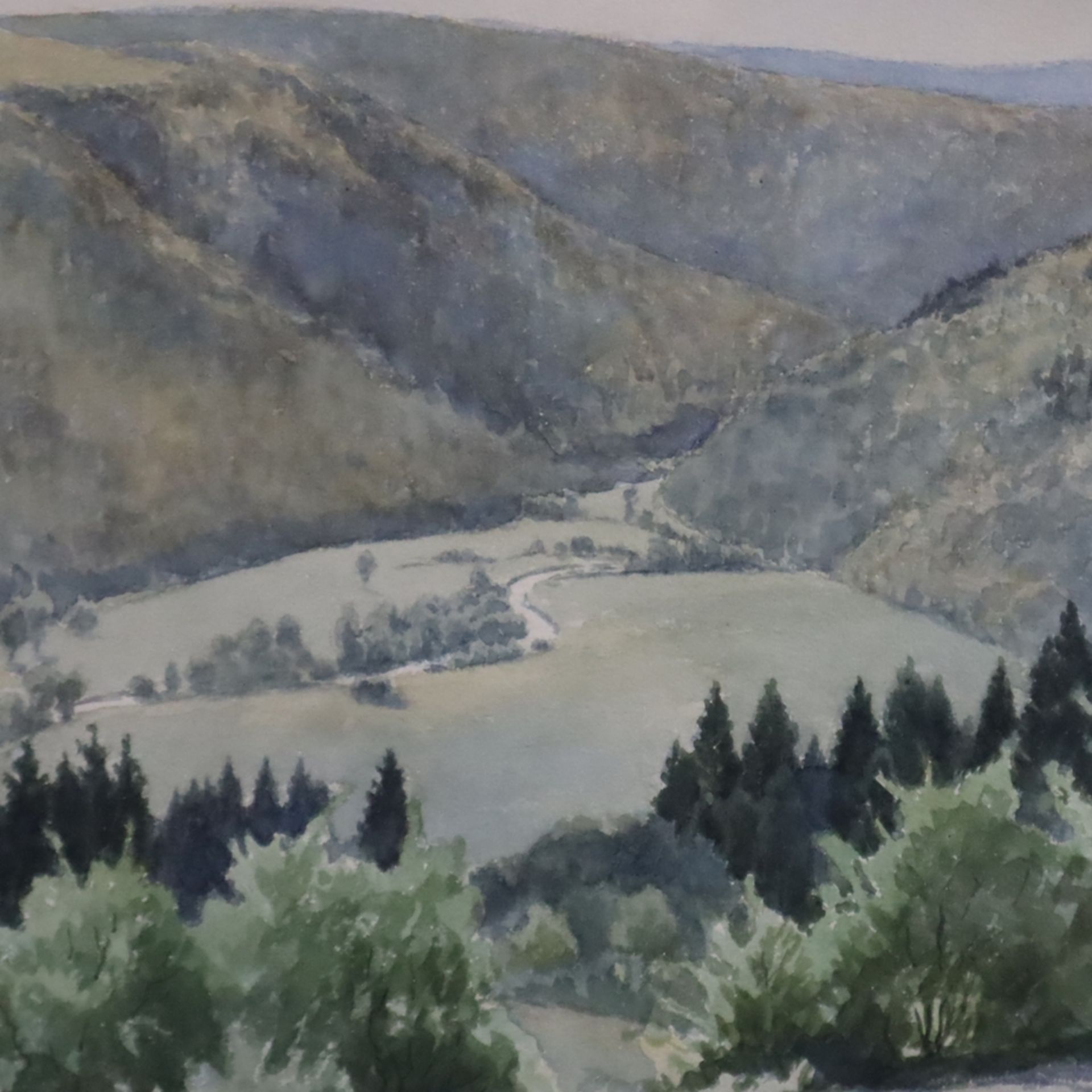 Franke, Hanny (1890 Koblenz - 1973 Frankfurt/Main) - Hügellandschaft mit Blick ins Tal, Aquarell, u - Image 2 of 8