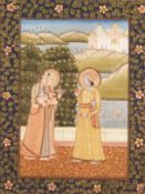 Miniaturmalerei im Moghul-Stil - Indien, "Krishna trifft Radha im Garten", feine polychrome Gouache