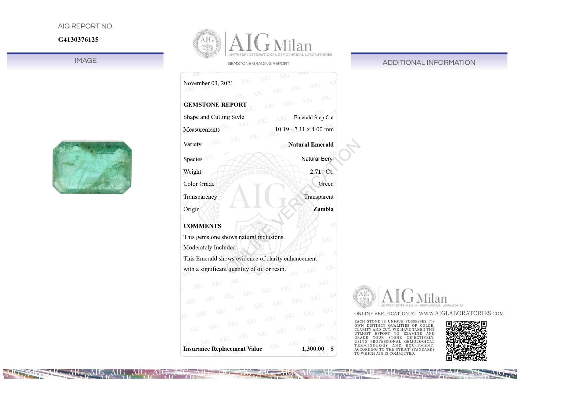 Loser Smaragd - Smaragd-Schliff, grün, 2,71ct., Maße 10.19-7.11x4.00mm, Wertgutachten AIG Mailand,  - Bild 9 aus 9
