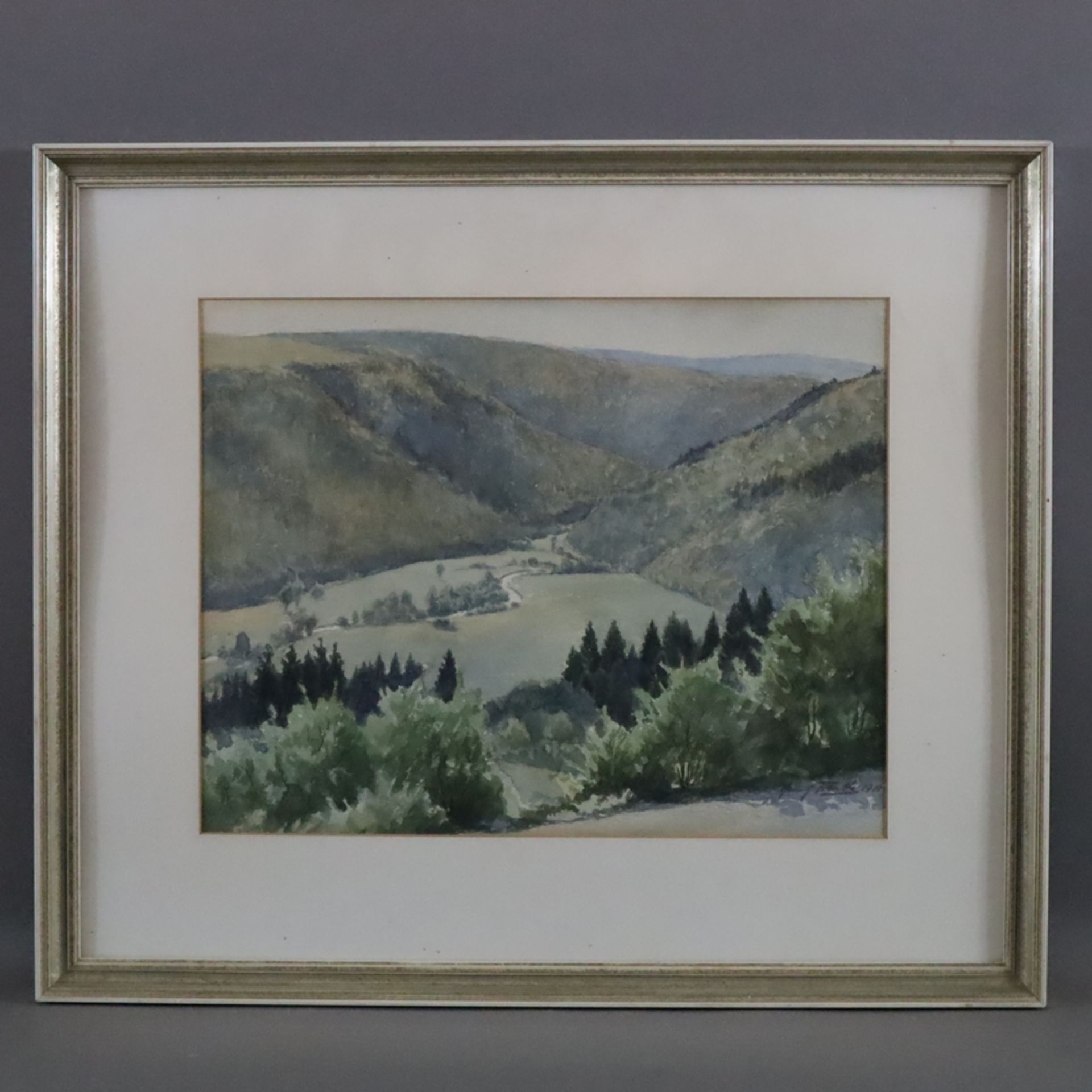 Franke, Hanny (1890 Koblenz - 1973 Frankfurt/Main) - Hügellandschaft mit Blick ins Tal, Aquarell, u - Image 8 of 8