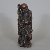 Shoulao mit Kranich und Dienerknaben - China, feine Holzschnitzerei, lackiert, stehend, in den Händ