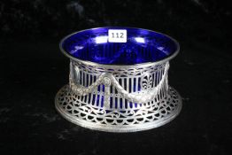 SILVER DISH/POTATO RING WITH BLUE LINER. NICE OPEN WORK. INSCRIBED 1903. CIRCA 412 GRAMS (SILVER