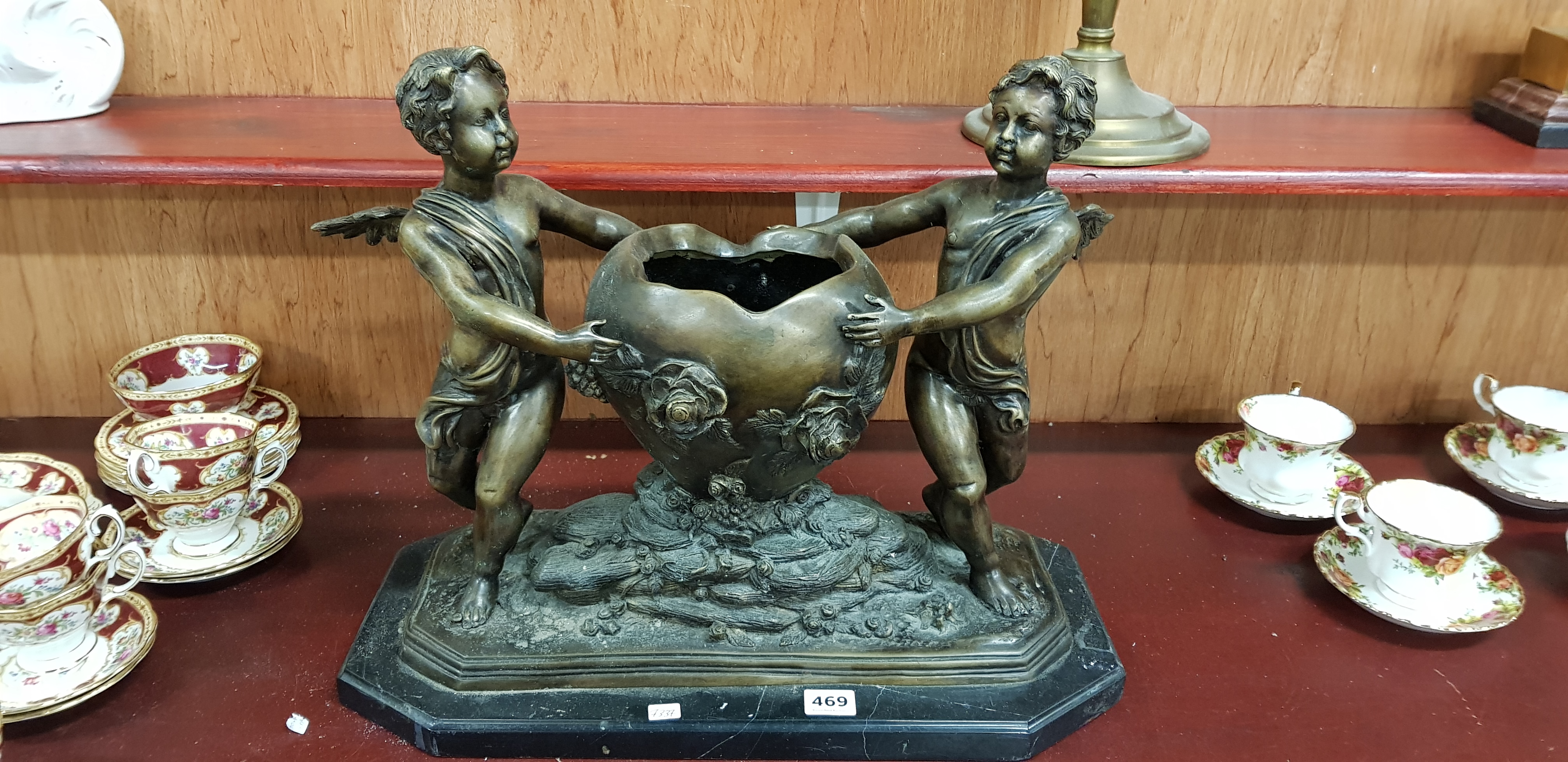 LARGE CHERUB BRONZE FIGURES ON MARBLE BASE