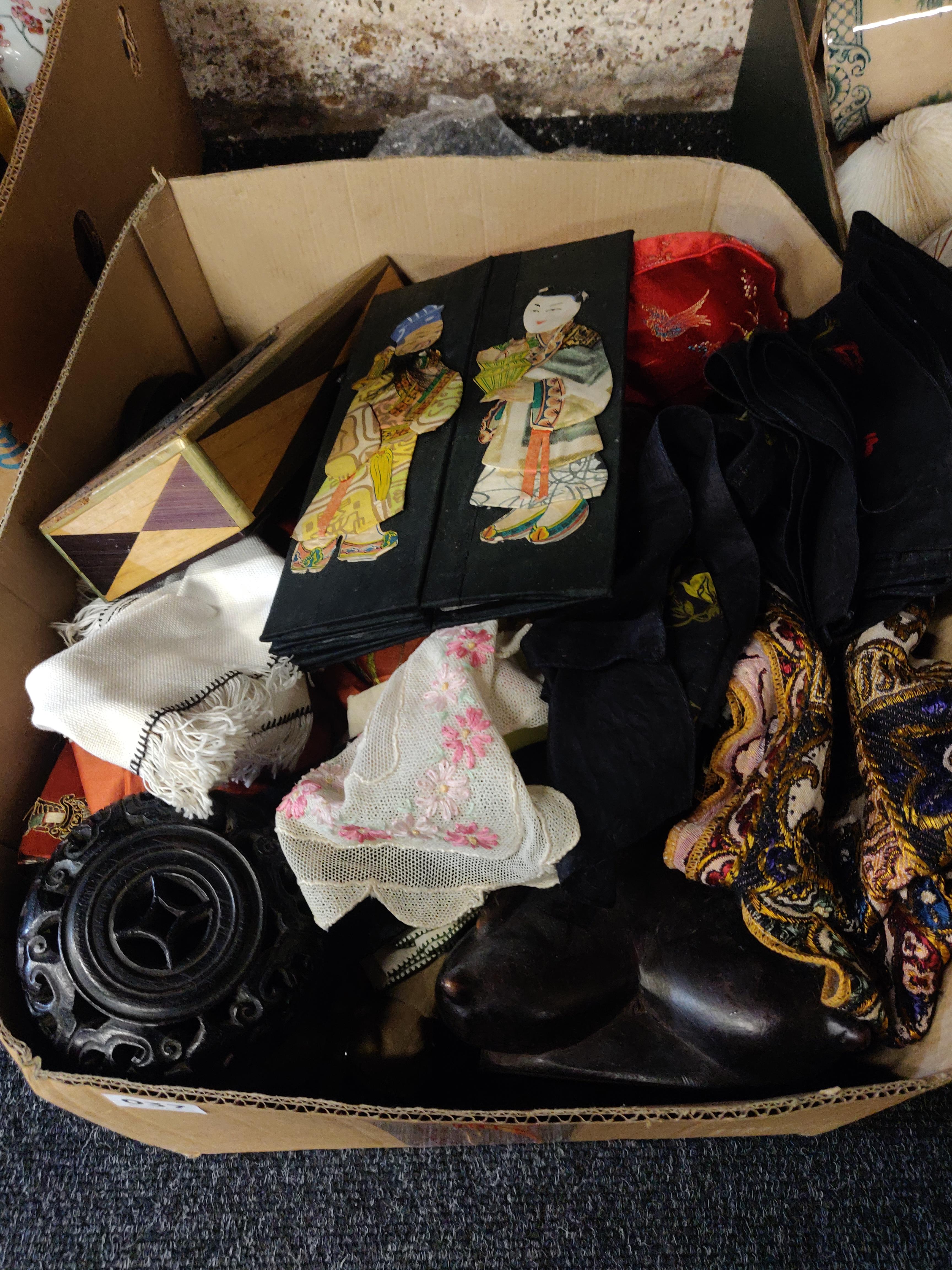 BOX LOT OF ORIENTAL ITEMS TO INCLUDE SILK AND STANDS
