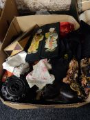 BOX LOT OF ORIENTAL ITEMS TO INCLUDE SILK AND STANDS