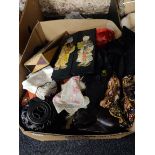 BOX LOT OF ORIENTAL ITEMS TO INCLUDE SILK AND STANDS