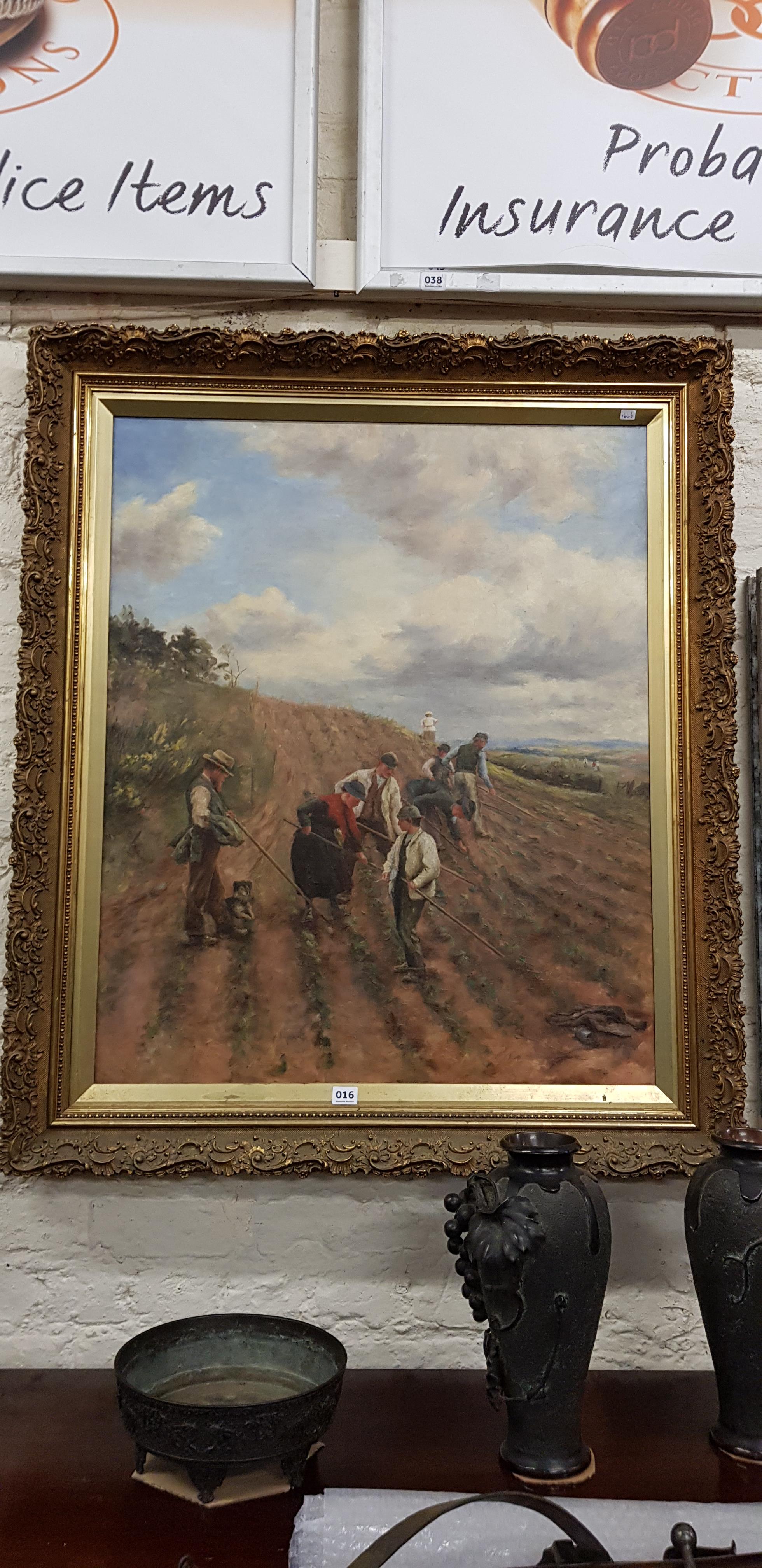 LARGE UNSIGNED OIL ON CANVAS - HARVESTING - 33.5 X 28.5 - Image 5 of 5