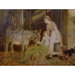 ANTIQUE WATERCOLOUR SIGNED IN MONO BELIVEED TO BE BY BIRKETT FOSTER - FEEDING THE DONKEY - 20 X 27