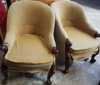 PAIR OF RARE VICTORIAN ORNATELY CARVED, CAB LEGGED ROSEWOOD LIBRARY/CLUB CHAIRS
