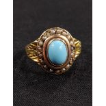 ANTIQUE GOLD SEED PEARL AND TURQUOISE RING (TESTED TO) 4 GRAMS