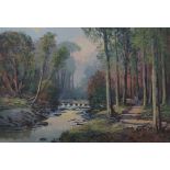 WILLIAM CUNNINGHAM - OIL ON CANVAS - STEPPING STONES, TOLLYMORE PARK FOREST - 14'X20'