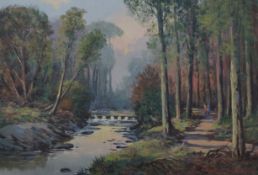 WILLIAM CUNNINGHAM - OIL ON CANVAS - STEPPING STONES, TOLLYMORE PARK FOREST - 14'X20'