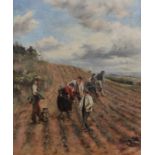 LARGE UNSIGNED OIL ON CANVAS - HARVESTING - 33.5 X 28.5