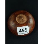 CARVED WOOD TO CONTAIN AUSTRALIAN PENNY - ON BOTTOM IT IS WRITTEN B.PREWETT CANBERRA, AUSTRALIA -